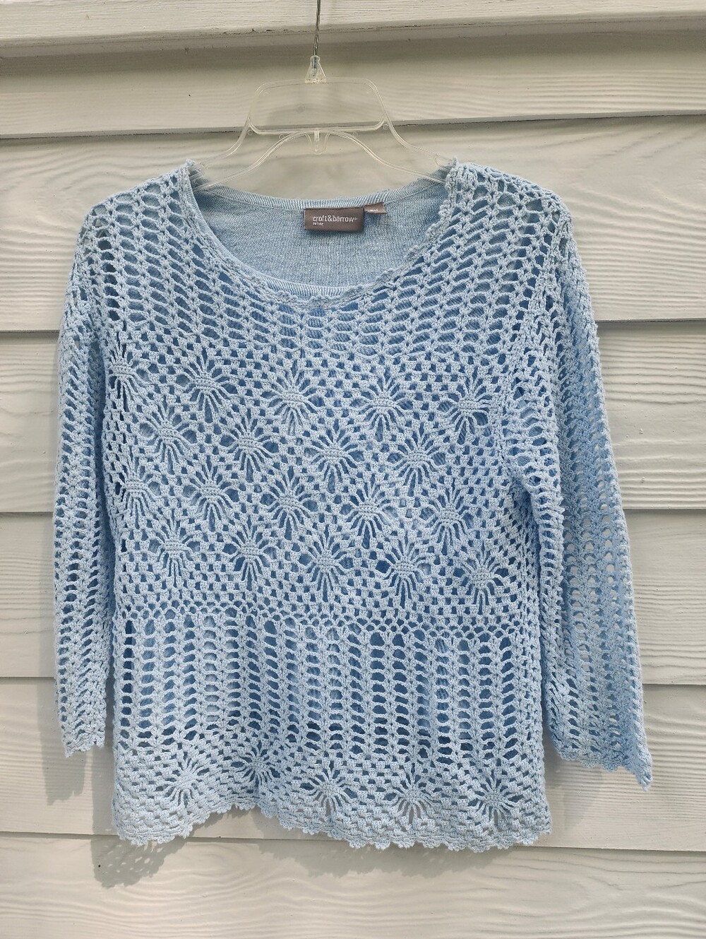 PM croft & barrow Light Blue Crochet Open-Knit Crew Neck Sweater